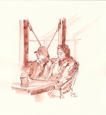 Ehepaar sitzend im Außenbereich eines Cafés (Tinte auf Papier)